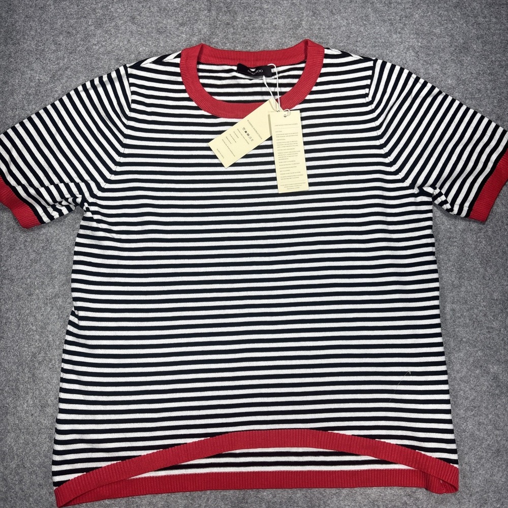 Dokotoo Women's Black/White/red Striped Crew Neck Knit Ribbed Trim T-Shirt Large
